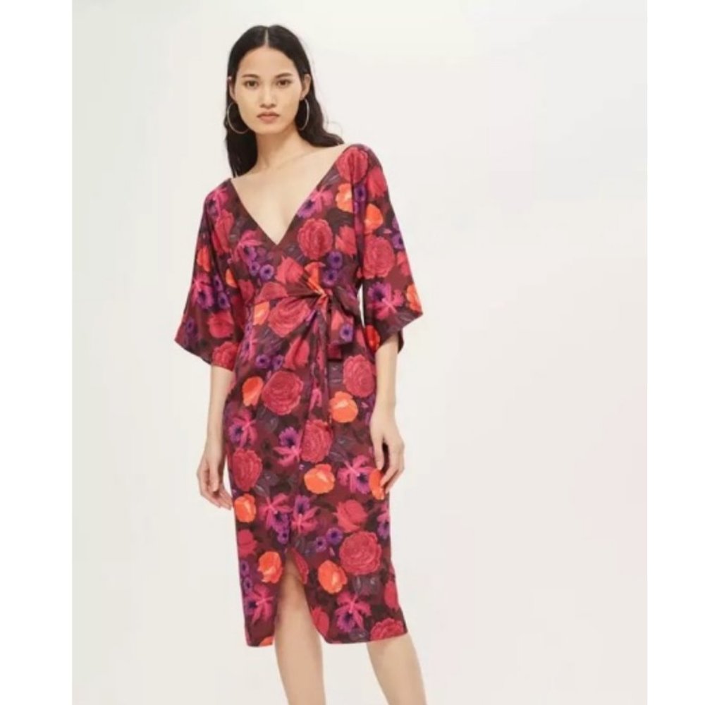 Floral Wrap Midi Dress in Red and Purple